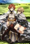  arisen_(dragon's_dogma) armor bad_id bad_pixiv_id bare_legs belt blonde_hair blue_eyes boots breastplate breasts cape chainmail circlet cov-r dragon's_dogma field gauntlets green_eyes horizon knees_together_feet_apart large_breasts multiple_girls pawn_(dragon's_dogma) pointy_ears pouch red_hair rock short_hair sitting sword tabard thigh_boots thighhighs weapon 