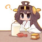  ? ahoge black_eyes braid brown_hair chibi detached_sleeves fang hairband japanese_clothes kantai_collection kongou_(kantai_collection) long_hair lowres luu open_mouth side_handle_teapot solo tea teapot water_boiler wide_sleeves 