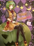  :3 adapted_costume argyle argyle_background black_legwear brown_dress crescent dress ghost green_hair hairband halloween happy_halloween hat highres jack-o'-lantern kazami_yuuka looking_at_viewer pantyhose red_eyes shironeko_yuuki shirt short_sleeves sitting sitting_on_object smile solo star stuffed_animal stuffed_cat stuffed_toy touhou witch_hat wrist_cuffs 