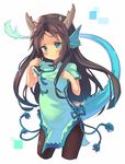  animal_ears blue_eyes blush brown_hair brown_legwear china_dress chinese_clothes cropped_legs dragon_girl dress horns karin_(p&amp;d) long_hair looking_at_viewer pantyhose puzzle_&amp;_dragons simple_background smirk solo tail white_background yoo_(tabi_no_shiori) 