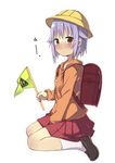  amaa_(chou_dennou_jidai) backpack bag blush brown_eyes child flag hat idolmaster idolmaster_cinderella_girls koshimizu_sachiko loafers looking_at_viewer pom_pom_(clothes) purple_hair randoseru school_hat shoes short_hair skirt socks solo tears white_legwear younger 