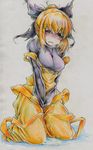  absurdres blonde_hair blush bow breasts crying hair_bow highres kurodani_yamame medium_breasts nichibotsu_(kitaziman) pee peeing peeing_self short_hair solo tears touhou traditional_media v_arms yellow_eyes 