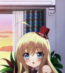  blonde_hair blue_eyes blush chocolat_(noucome) curtains highres long_hair ore_no_nounai_sentakushi_ga_gakuen_love-comedy_wo_zenryoku_de_jama_shiteiru screencap solo sunset window 