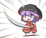  blush bowl bowl_hat emphasis_lines feiton fighting_stance foreshortening glint hat holding_needle japanese_clothes kimono long_sleeves needle open_mouth purple_eyes purple_hair solo sukuna_shinmyoumaru sunrise_stance touhou wide_sleeves 