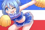  :d blue_eyes blue_hair cheerleader hair_ornament hairclip mahou_shoujo_madoka_magica midriff miki_sayaka navel open_mouth pom_poms sen-asanagi short_hair smile solo sweat 