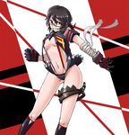  bandages black_hair boots breasts foothold_trap glasses gloves grin kill_la_kill kimbbq medium_breasts oogure_maiko red_eyes revealing_clothes school_uniform senketsu serafuku short_hair smile underboob 