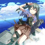  armpits blush boots closed_eyes cloud commentary day green_hair kantai_collection muneate object_namesake ocean pleated_skirt salute sinking skirt sky smile solo thigh_boots thighhighs torn_clothes torn_legwear tri zuikaku_(aircraft_carrier) zuikaku_(kantai_collection) 