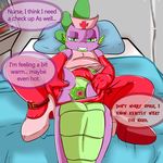  anus bed dialog dragon english_text friendship_is_magic girly green_eyes looking_at_viewer male my_little_pony nurse pillow saurian_(artist) smile spike_(mlp) text 