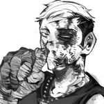  22_(tak_ja) bad_id bad_pixiv_id bandages black_eye dog_tags face injury lowres male_focus monochrome simple_background solo team_fortress_2 the_scout upper_body white_background 