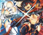  battle boots breasts clash cleavage_cutout duel geetgeet highres junketsu kill_la_kill kiryuuin_satsuki large_breasts lens_flare matoi_ryuuko multiple_girls revealing_clothes scissor_blade senketsu sword thigh_boots thighhighs underboob weapon 