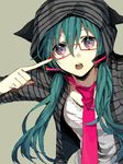  animal_ears aqua_hair bespectacled casual glasses gradient_eyes hatsune_miku hood hoodie long_hair looking_at_viewer multicolored multicolored_eyes necktie open_mouth red-framed_eyewear solo twintails vocaloid wonoco0916 
