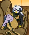  anthro anthrofied avante92 avian blush breasts butt female floor friendship_is_magic gilda_(mlp) gryphon hoodie legwear looking_at_viewer lying my_little_pony nipples pussy sofa solo stockings thick_thighs thighs wings wood yellow_eyes 