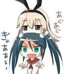  aa_(sin2324) bad_id bad_pixiv_id biting black_eyes blonde_hair blue_eyes blue_hair bow cannibalism commentary fangs gameplay_mechanics hair_bow head_biting isuzu_(kantai_collection) kantai_collection long_hair multiple_girls school_uniform serafuku shimakaze_(kantai_collection) translated twintails white_background 