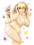  ;q bikini blonde_hair blush breasts cleavage cowboy_shot front-tie_bikini front-tie_top headphones huge_breasts ice_cream_cone jewelry kanoto_hitsuji long_hair looking_at_viewer navel necklace nitroplus one_eye_closed plump side-tie_bikini solo star star_necklace super_pochaco swimsuit tongue tongue_out twintails underboob waving 
