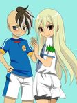  1boy 1girl afuro_terumi blush character_request child fudou_akio green_background inazuma_eleven inazuma_eleven_(series) mohawk simple_background standing usagigenki 