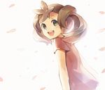  :d brown_hair green_eyes long_hair looking_back open_mouth petals pokemon pokemon_(game) pokemon_xy quad_tails sana_(pokemon) smile solo weee_(raemz) white_background 