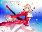  aestus_estus ahoge blonde_hair breasts dress epaulettes fate/extra fate_(series) green_eyes hair_ribbon large_breasts nero_claudius_(fate) nero_claudius_(fate)_(all) red_dress ribbon see-through solo sword u_928 weapon 