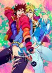  blonde_hair bloody_stream blue_eyes blue_jacket bola_(weapon) brown_hair bubble caesar_anthonio_zeppeli facial_mark feathers fingerless_gloves gloves green_eyes hair_feathers hamadaichi headband jacket jojo_no_kimyou_na_bouken joseph_joestar_(young) multiple_boys one_eye_closed pants red_jacket torn_clothes torn_pants v 