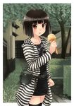  :o akemiho_tabi_nikki bad_id bad_pixiv_id belt black_hair black_legwear blush food fukube_tamaki ice_cream kouno_hikaru looking_at_viewer open_mouth red_eyes short_hair solo striped striped_hoodie thighhighs zettai_ryouiki 