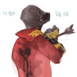  22_(tak_ja) arrow bad_id bad_pixiv_id from_behind gas_mask gloves heart korean lowres male_focus solo team_fortress_2 tears the_pyro translated white_background 
