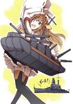 blue_eyes boots brown_hair detached_sleeves hairband japanese_clothes kantai_collection kongou_(battleship) kongou_(kantai_collection) long_hair looking_at_viewer nontraditional_miko pantyhose pleated_skirt skirt smile solo thigh_boots thighhighs translated tri zettai_ryouiki 