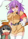  2girls :3 animal_ears belt black_hair blush braid breasts bunny_ears cosplay eyepatch fang gloves hellsing inaba_tewi kokujuuji large_breasts long_hair miniskirt multiple_girls pip_bernardotte pip_bernardotte_(cosplay) purple_hair red_eyes reisen_udongein_inaba seras_victoria seras_victoria_(cosplay) single_braid skirt thighhighs thighs touhou white_gloves white_legwear 