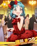  1girl :d blush character_name dress earrings fingerless_gloves formal gloves green_hair hair_ribbon hairband hands_together idolmaster idolmaster_million_live! jewelry official_art open_mouth ribbon smile tokugawa_matsuri wrist_cuffs 