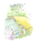  animal_ears baku_taso black_hair blonde_hair blue_hair bow brown_hair bug bunny_ears cat_ears cat_tail chen cirno closed_eyes colored_pencil_(medium) commentary_request dragonfly forest hair_bow hair_ribbon ice ice_wings inaba_tewi insect multiple_girls multiple_tails nature nekomata open_mouth path purple_hair reisen_udongein_inaba ribbon rice_paddy road rumia tail touhou traditional_media water watercolor_(medium) wings 