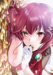  1girl bangs gloves gold_coin hair_between_eyes heterochromia highres hololive houshou_marine long_hair lying on_side parted_lips red_eyes red_hair red_neckwear shiny shiny_hair shunse solo upper_body virtual_youtuber white_gloves yellow_eyes 