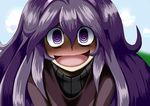  @_@ bags_under_eyes blush crazy_eyes full-face_blush hairband hex_maniac_(pokemon) long_hair open_mouth pokemon pokemon_(game) pokemon_xy purple_eyes purple_hair purple_hairband ribbed_sweater shaded_face smile soboro_(jitome_dan) solo sweater 