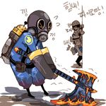  2boys axe bad_id bad_pixiv_id eyepatch gas_mask glasses gloves hat holding holding_axe holding_weapon korean lowres multiple_boys oxygen_tank sharpened_volcano_fragment sunglasses team_fortress_2 the_demoman the_pyro the_sniper translated weapon 