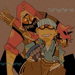  2boys anger_(tf2) arrow bad_id bad_pixiv_id goggles grin gunslinger_(tf2) hat heart lowres male_focus mechanical_arm multiple_boys overalls prosthesis quiver smile sunglasses team_fortress_2 the_engineer the_sniper 