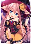  :d agekichi_(heart_shape) animal_ears bare_shoulders blue_eyes cat_ears cat_tail crown fang halloween hat long_hair open_mouth original pink_hair smile solo sparkle tail witch_hat 