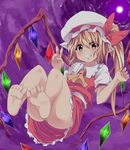  ascot ass bad_feet bare_legs barefoot blonde_hair cloud cloudy_sky feet flandre_scarlet flying grin hat hat_ribbon looking_at_viewer mob_cap moon noa_(nagareboshi) panties puffy_sleeves ribbon shirt short_sleeves side_ponytail skirt skirt_set sky smile soles solo striped striped_panties touhou underwear upskirt v vest wings 