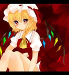  bad_id bad_pixiv_id blonde_hair blush bow dress flandre_scarlet hat hat_bow highres koyashaka letterboxed looking_at_viewer mob_cap puffy_sleeves red_dress red_eyes sash shirt short_sleeves side_ponytail sitting smile solo touhou wings 