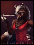  black_fur blue_eyes canine cleavage clothed clothing dress female fluffy_tail fox fur hair knife looking_at_viewer mammal smile solo tymid whiskers white_fur white_hair 