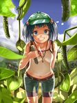  alternate_costume aozarigani backpack bad_id bad_pixiv_id bag belt bike_shorts blue_eyes blue_hair blue_sky cloud cloudy_sky cucumber day denim denim_shorts grin hair_bobbles hair_ornament hand_on_back hat kawashiro_nitori key leaf midriff nature navel plant short_hair short_twintails shorts sky smile solo sweatdrop tank_top touhou twintails two_side_up 