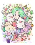  1boy 1girl apple banana cape character_name commentary_request creature final_fantasy final_fantasy_vi food fruit full_body gau grapes green_hair happy_birthday lemon moogle orange_(fruit) pantyhose peach pineapple ponytail purple_eyes rainbow_text red_apple shoes short_hair shouta_(shbz) skirt smile terra_branford watermelon 