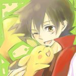  1boy black_hair dengeki!_pikachu happy hug jacket nintendo no_hat open_mouth pikachu pokemon pokemon_(anime) pokemon_(manga) satoshi_(pokemon) short_hair smile spiked_hair tongue wink yellow_eyes 