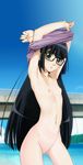  1girl asobi_ni_iku_yo! black-framed_glasses black_hair blush breasts female flat_chest futaba_aoi_(asobi_ni_iku_yo!) glasses green_eyes hime_cut looking_at_viewer navel nipples nude outdoors pussy solo standing uncensored 