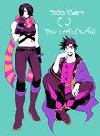  black_hair boots cosplay costume_switch facial_hair fingerless_gloves gloves hair_over_one_eye hamadaichi jojo_no_kimyou_na_bouken joseph_joestar_(young) joseph_joestar_(young)_(cosplay) midriff multiple_boys purple_eyes purple_hair raven_(tales) raven_(tales)_(cosplay) scarf schwann_oltorain spiked_hair stubble tales_of_(series) tales_of_vesperia 