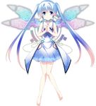  absurdres bell_(cocoro@function!) blue_eyes blue_hair cocoro@function! dress full_body hands_clasped hands_together highres hinata_momo interlocked_fingers knees_together_feet_apart looking_at_viewer mechanical_wings own_hands_together transparent_background twintails wings 