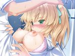  1boy 1girl apricot_cherry blonde_hair blush bra breasts censored fellatio game_cg green_eyes indoors mkko_sisters oral paizuri penis sweat toma_(asagayatei) underwear yumekawa_shiho 