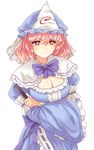  alternate_costume blue_dress bow breasts capelet cleavage cleavage_cutout closed_fan crossed_arms dress fan folding_fan hat highres large_breasts long_sleeves pink_eyes pink_hair saigyouji_yuyuko simple_background solo touhou triangular_headpiece veil white_background wide_sleeves x&amp;x&amp;x 