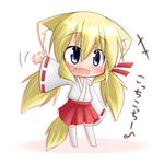  animal_ears blonde_hair blue_eyes chibi fang fox_ears fox_tail highres japanese_clothes koyomi_(shinshia) long_hair miko open_mouth original shinshia solo tail twintails 