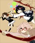  3girls black_hair blue_eyes bob_cut bow brown_eyes brown_hair crossover hammer highres kill_la_kill koto_(kyousougiga) kuriyama_mirai kyoukai_no_kanata kyousougiga matoi_ryuuko multiple_girls ponytail red_eyes ribbon running school_uniform scowl season_connection short_hair simple_background skirt smile sword weapon wink 