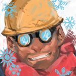  22_(tak_ja) bad_id bad_pixiv_id face goggles grin hardhat helmet lowres male_focus smile snowflakes solo team_fortress_2 the_engineer 