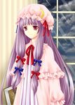  akkii_(ricarica) bad_id bad_pixiv_id bangs blue_bow blue_ribbon blunt_bangs book bow crescent eyebrows eyebrows_visible_through_hair frilled_sleeves frills hair_bow hat hat_ribbon long_hair mob_cap patchouli_knowledge purple_eyes purple_hair red_bow red_ribbon ribbon solo striped touhou very_long_hair window 