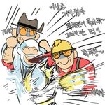  3boys bad_id bad_pixiv_id balaclava formal gloves hardhat hat helmet korean lowres male_focus multiple_boys punching smile suit team_fortress_2 the_engineer the_sniper the_spy translated white_background 