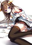  ahoge bare_shoulders blush brown_hair cup detached_sleeves double_bun hair_ornament hairband headgear highres japanese_clothes kantai_collection kongou_(kantai_collection) long_hair looking_at_viewer lying on_side panties pantyshot pantyshot_(lying) ribbon-trimmed_sleeves ribbon_trim skirt smile solo spill teacup thighhighs underwear wide_sleeves yoruneko 